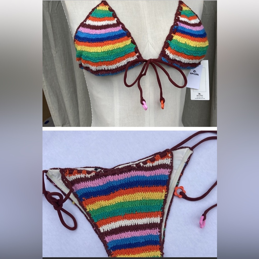 Rip Curl rainbow stripe crochet tri bikini top skimpy string bottoms S